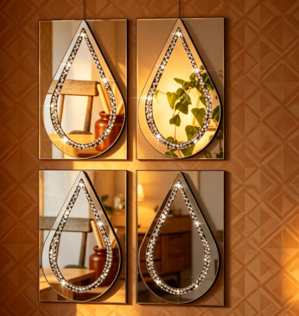 Teardrop "Diamond Cut" Silver Mirrors — 4 Piece Set